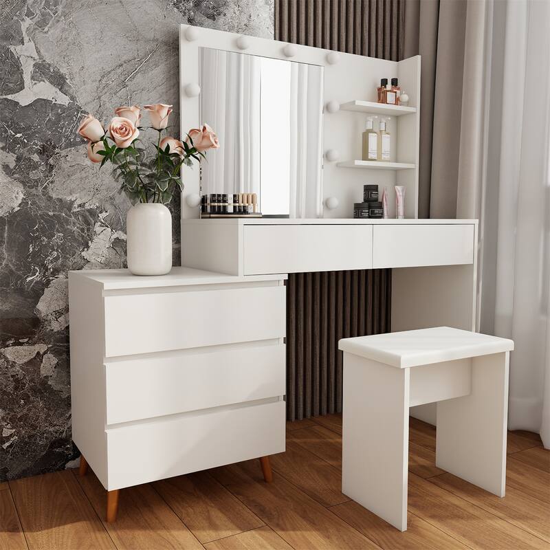 LED Light Makeup Vanity Table w/ Mirror,Drawers,Stool and Compartments