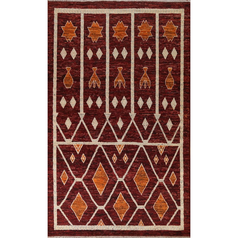 Hand Knotted Oriental 100% Wool Carpet Modern Geometric Red Moroccan Area Rug - 9' 10'' X 6' 8''