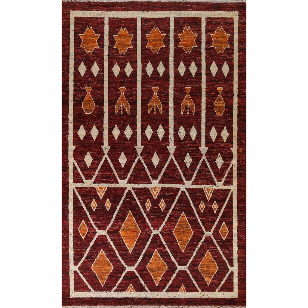 Hand Knotted Oriental 100% Wool Carpet Modern Geometric Red Moroccan Area Rug - 9' 10'' X 6' 8''