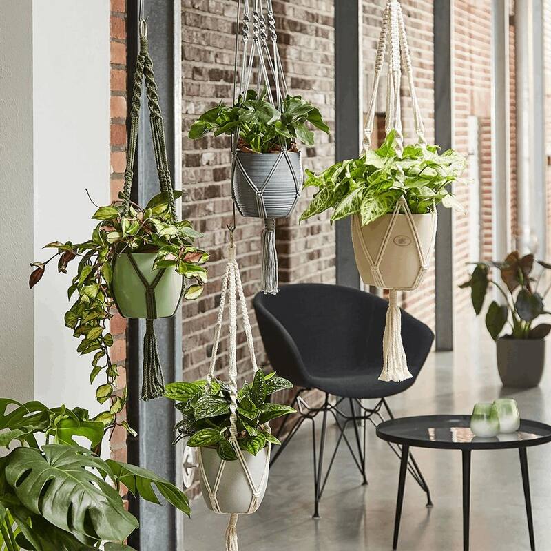 35" Macrame Plant Pot Hangers - Natural Beige, Shiny Gray or Natural Green