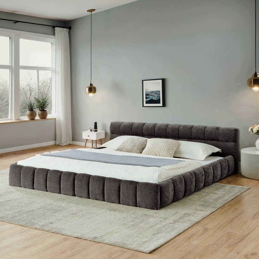 Upholstered Bed Frame Chenille Fabric Grounded Platform Bed