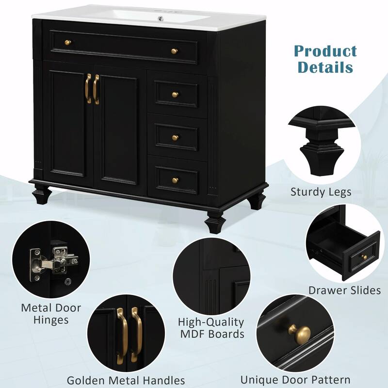 36" Bathroom Vanity with Sink, Cabinet, Flip-Out Drawer, 3 Drawers & 2 Soft-Close Doors