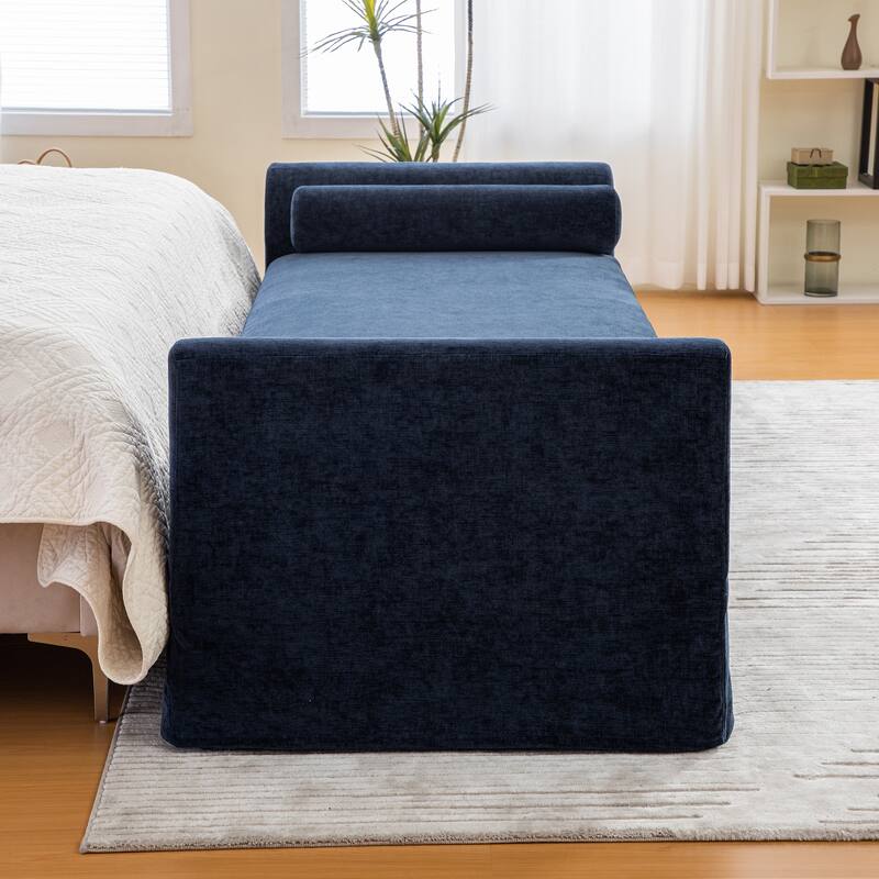 90.55" Wide Modern Bench,Window-side Bench with Armrests,Chenille Chaise Lounge Couch with 2 Bolster Pillows