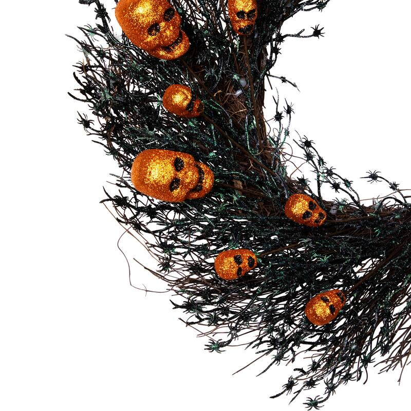 Black and Orange Skulls and Spiders Halloween Twig Wreath 22-Inch Unlit