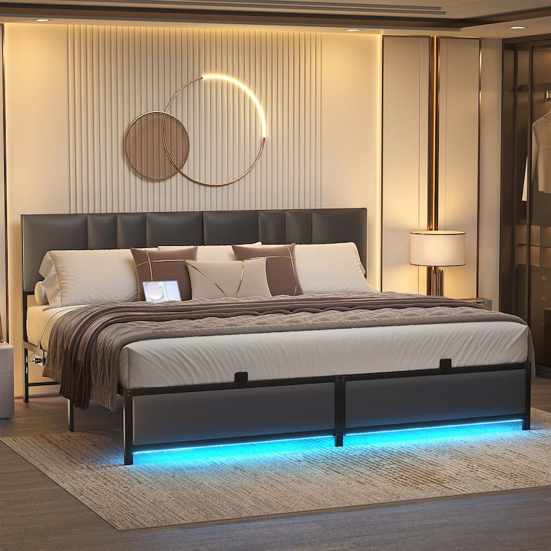 Platform Bed Frame with Ajustable Upholstered Headboard, Bed with USB Port and Charge Station
