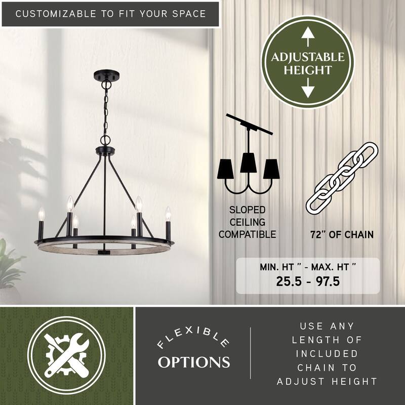Russel 6 Light Matte Black and Weathered Gray Farmhouse Candle Wheel Chandelier - 24.75-in W x 21.5-in H x 24.75-in D