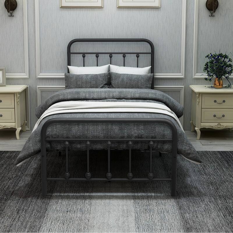 Sturdy Metal Bed Frame with Vintage Headboard and Footboard - Easy Assembly, No Box Spring Required