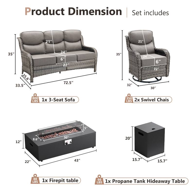 Pocassy 43 In Fire Pit w/ Outdoor Sofa Swivel Chair Ottoman Set