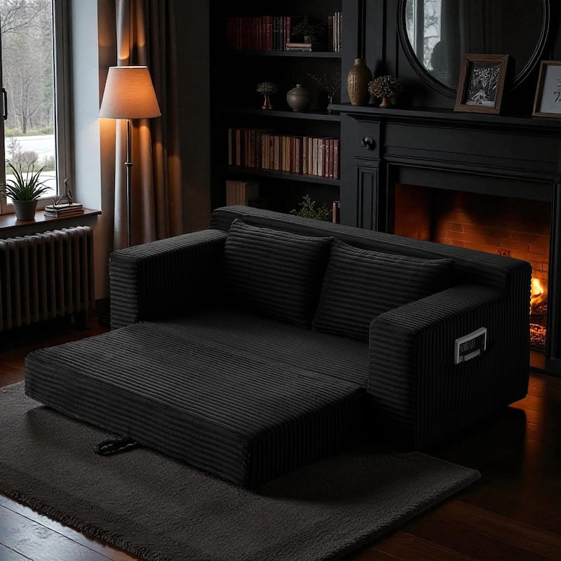 Memory Foam Cloud Loveseat, 2-in-1 Convertible Corduroy Folding Couch Bed, No-Assembly Floor Sofa with Storage Pockets