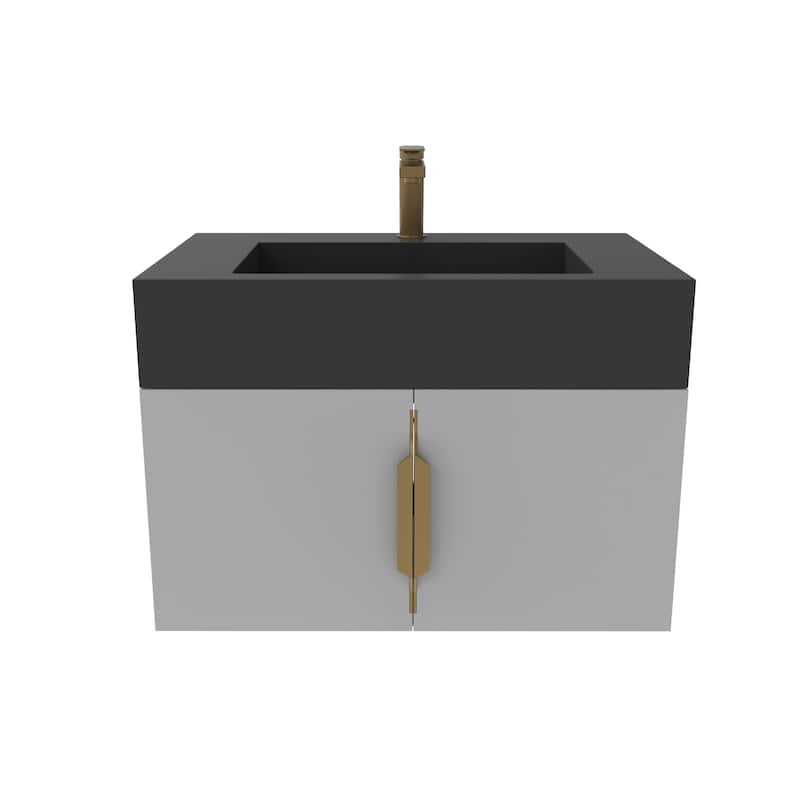Nile 30-Inch Wall Mounted Bathroom Vanity Set w/ Black Top - Gold Finish - Grey