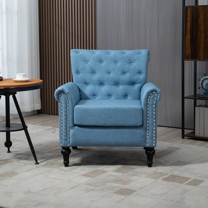 Linen Armchair w/Tufted Back/Wood Legs