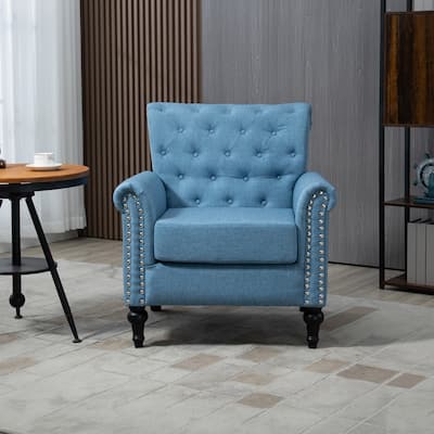 Linen Armchair w/Tufted Back/Wood Legs