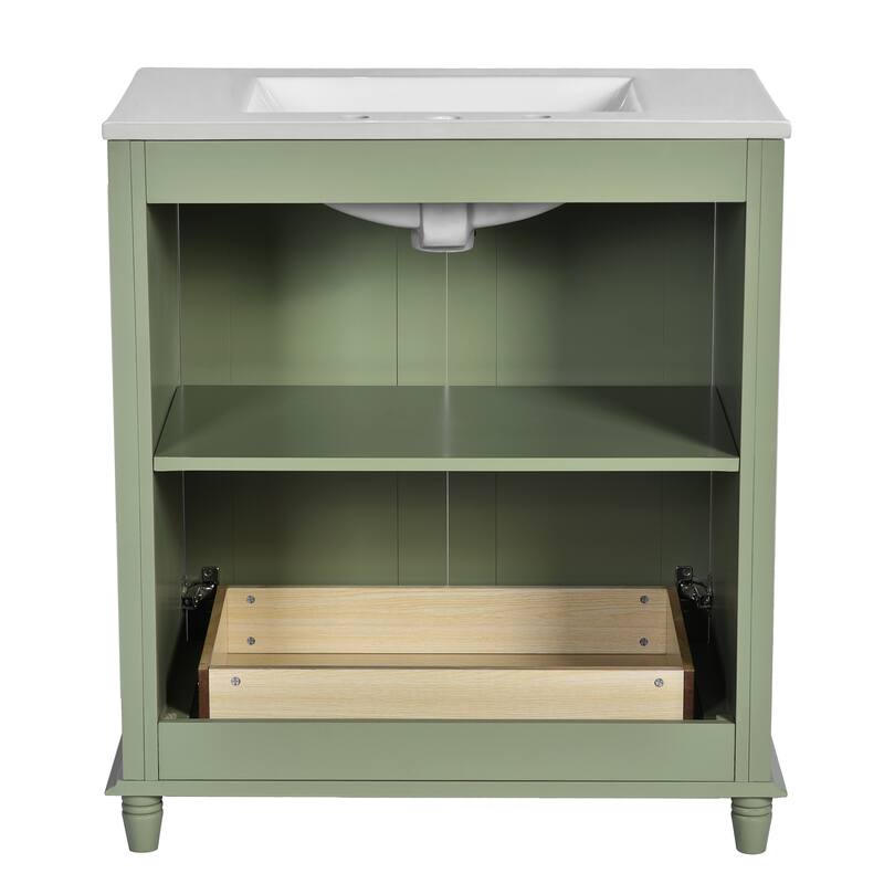 30-Inch Green Bathroom Vanity with Ceramic Sink, Roman Legs, Adjustable Soft-Close Hinges, and Ample Storage