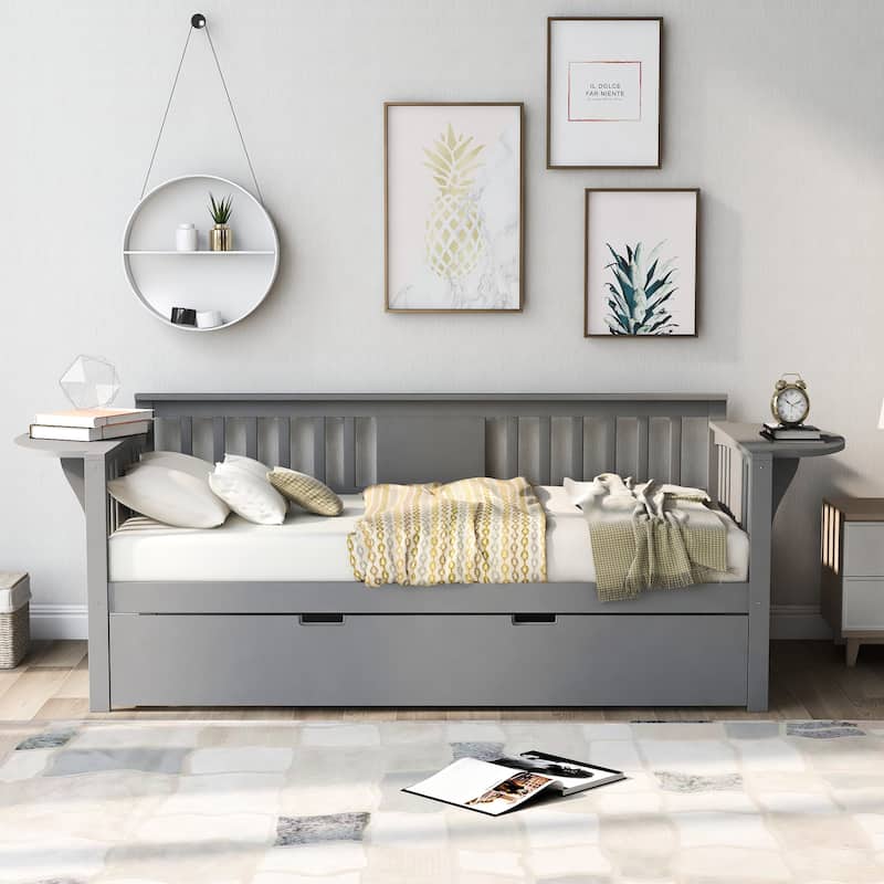 Wooden Daybed with Trundle Bed & Slatted Support, Dual-Use Sturdy Sofa Bed for Bedroom or Living Room