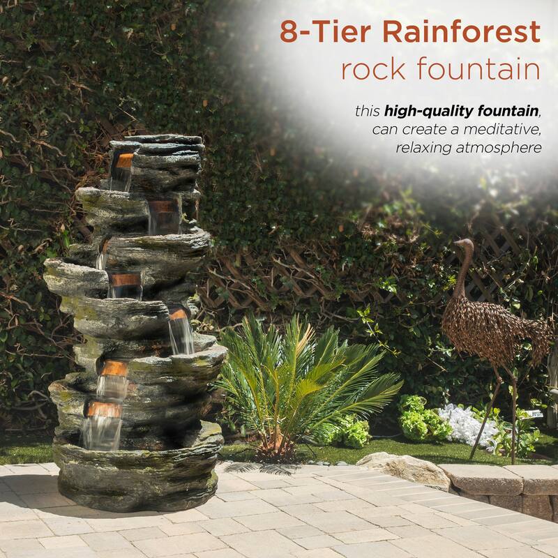 Alpine Corporation WIN1146 58" Gray Outdoor Floor 8 Tier Rock Water Fountain with LED Lights