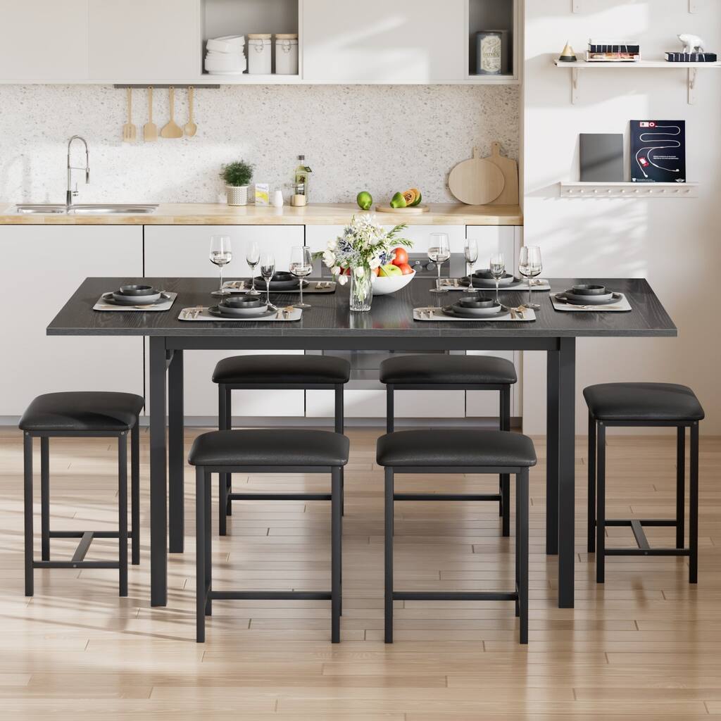 7 Pieces Dining Table Set for 4-6, Extendable Kitchen Table Set with 6 Dining Stools, Kitchen Table Set for Small Space