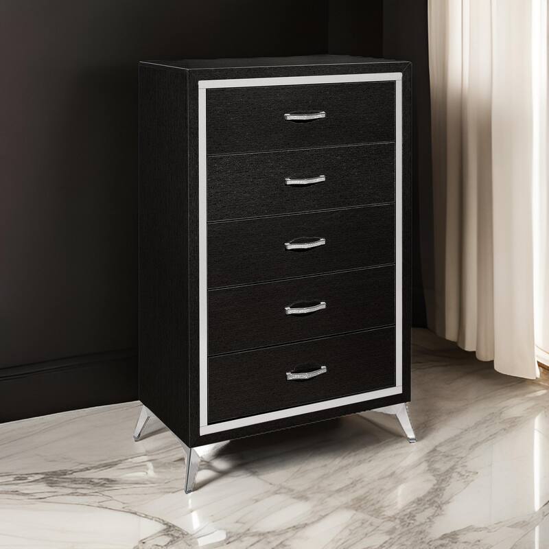 Sami 49 Inch Tall Dresser, 5 Drawers, Mirror Trim, Embossed Texture, Black