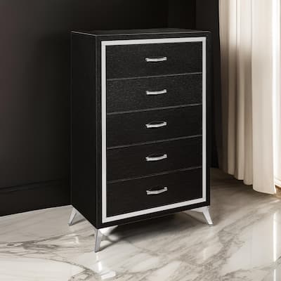 Sami 49 Inch Tall Dresser, 5 Drawers, Mirror Trim, Embossed Texture, Black