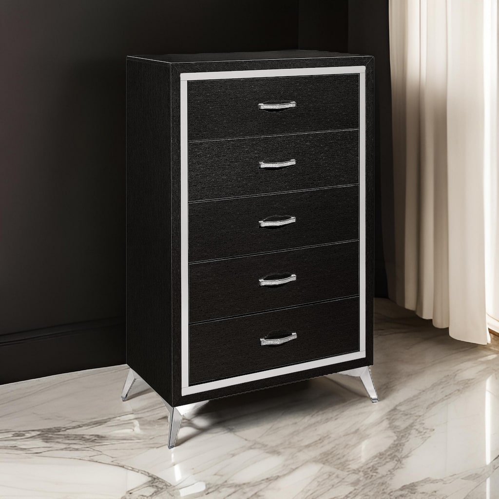 Sami 49 Inch Tall Dresser, 5 Drawers, Mirror Trim, Embossed Texture, Black