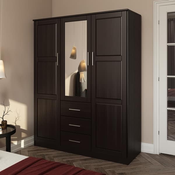 slide 2 of 8, Palace Imports 100% Solid Wood Cosmo 3-Door Wardrobe Armoire with Solid Wood or Mirrored Doors Java