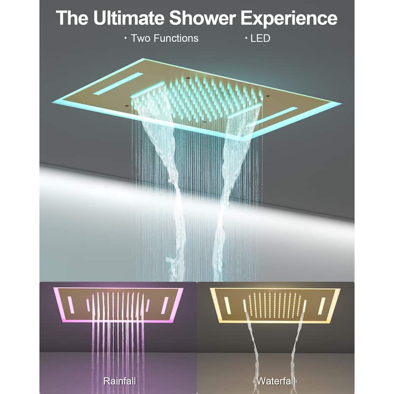 GRANDJOY LUXURY Shower System 22"x15" Ceiling Mount Rainfall & Waterfall Shower Head with Handheld Spray Como 64 Colors LED
