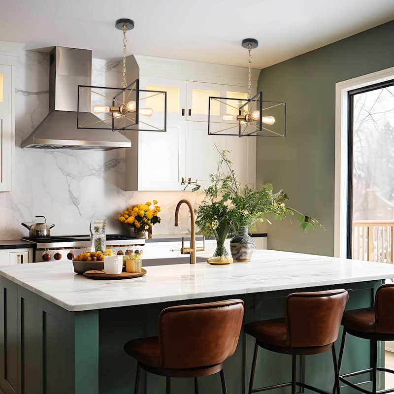 Modern 4-Light Black Gold Chandelier Square Pendant Light for Dining Room - 23.5" L x 22.5" W x 13" H