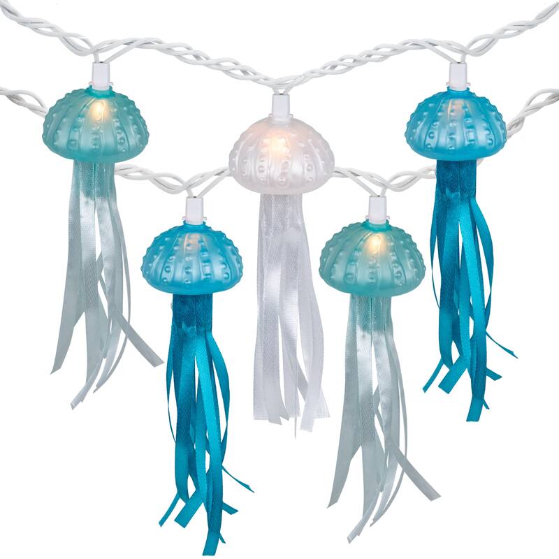 Jellyfish Patio Light Set - Blue and White - 6' White Wire - 10ct