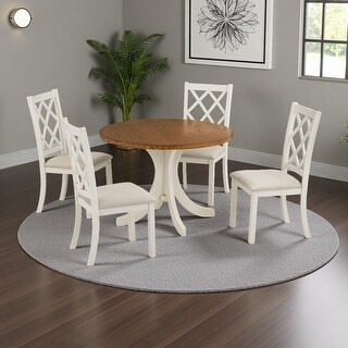 Mid-Century Solid Wood 5-Piece Round Dining Table Set with Upholstered ...