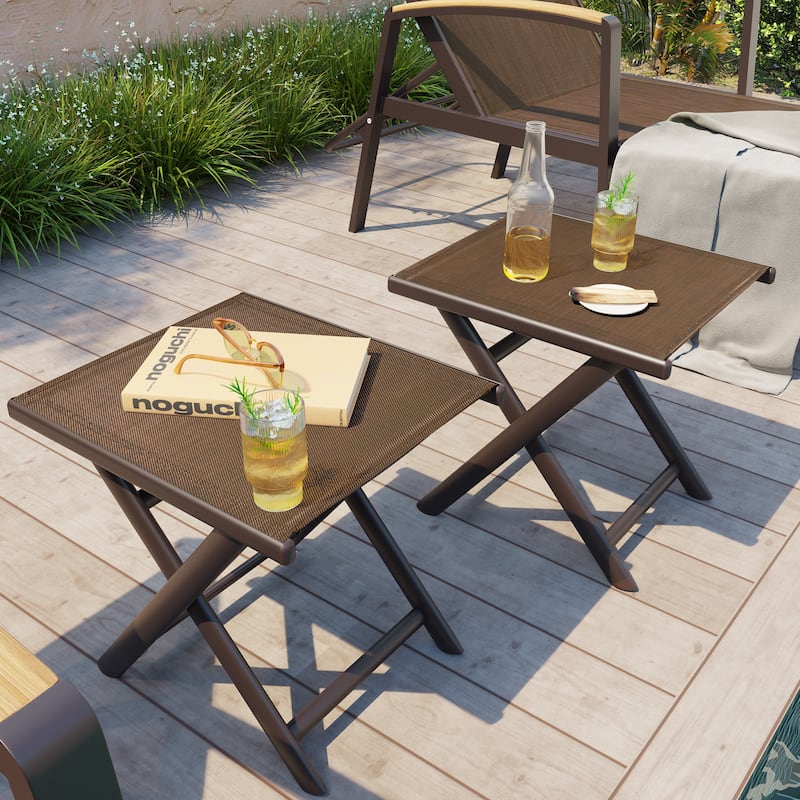 Outdoor Patio Folding Side Table Ottoman Camping End Table Plant Stand - 14.8in W x 17.1in L x 16.3in H - Brown-2PC