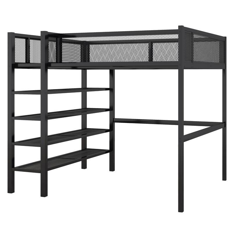 HomeRoots Black Platform Metal Full Double Loft Bed With Shelves