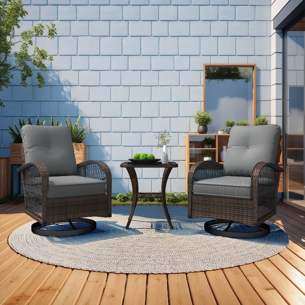 Outdoor Swivel Rocker Bistro Set - 3 Piece Wicker Patio Set with Swivel Rocking Chairs, Cushions, and Tempered Glass Side Table