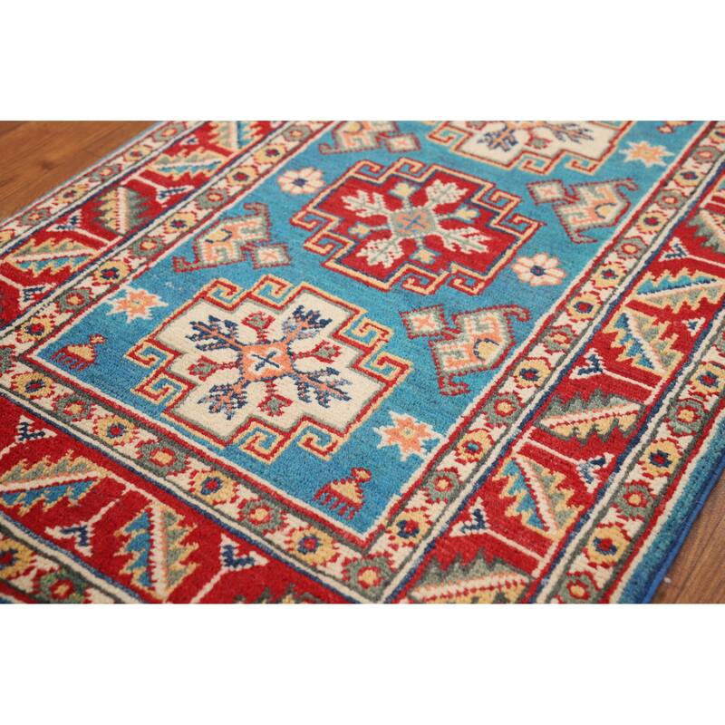 Geometric Kazak Oriental Foyer Rug Handmade Blue Wool Carpet - 2'0"x 3'0"
