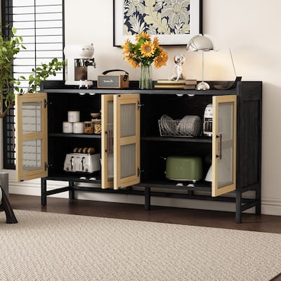 Rattan Sideboard Buffet Storage Cabinet Console Table, Black+Natural