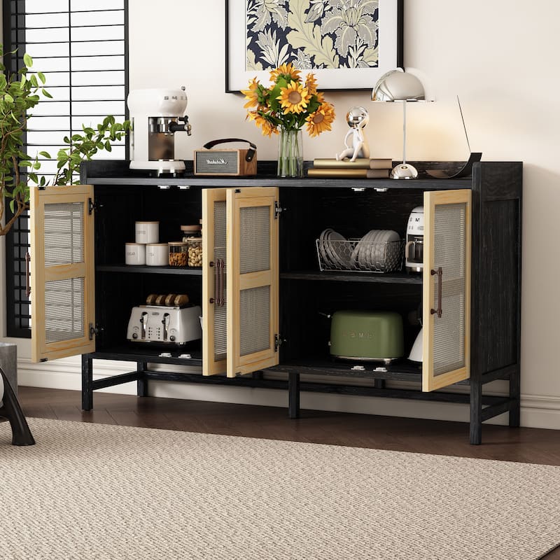 Rustic Sideboard Buffet Cabinet with Decorative Rattan Doors