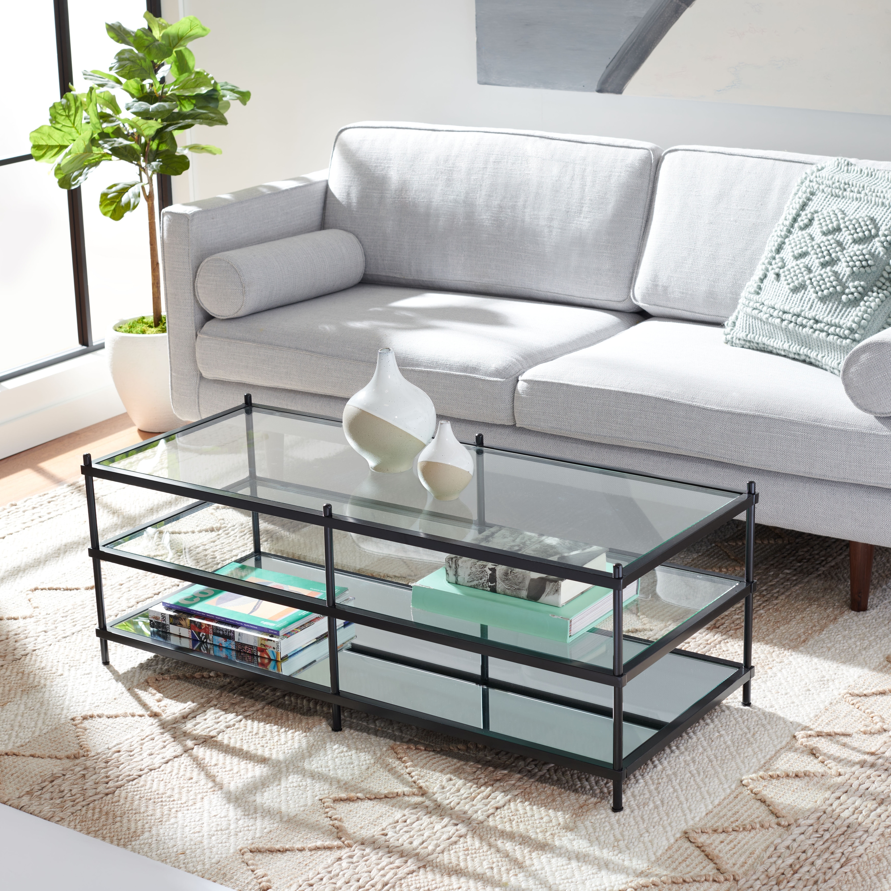 SAFAVIEH Cloe Glam Glass Coffee Table, 47.5-Inch, Matte Black - 48Wx20Dx18H