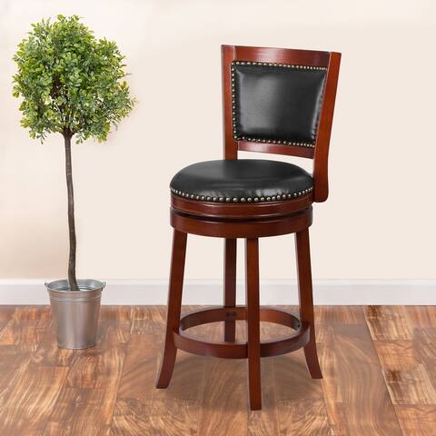 26'' High Wood Counter Height Stool with Open Panel Back and Leather Swivel Seat - 20.75"W x 20.25"D x 40.5"H
