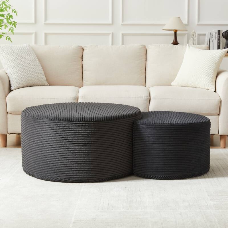 Roomfitters Nesting Ottoman Coffee Table Set of 2, Upholstered Round Foam Tables for Living Room
