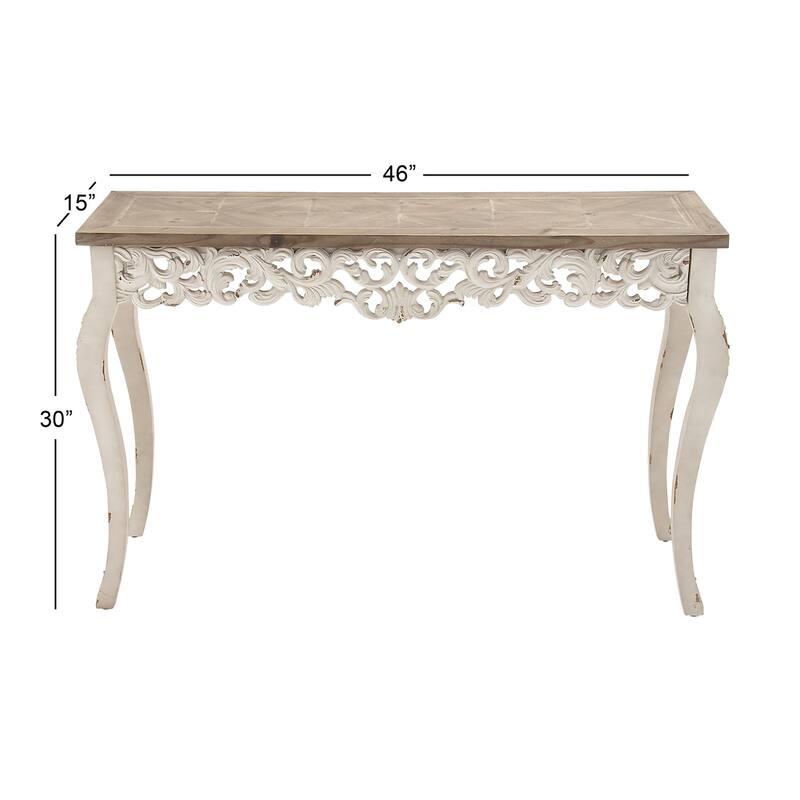 Wood Scroll Intricately Carved Console Table with Brown Wood Top - White - Roche River Decor