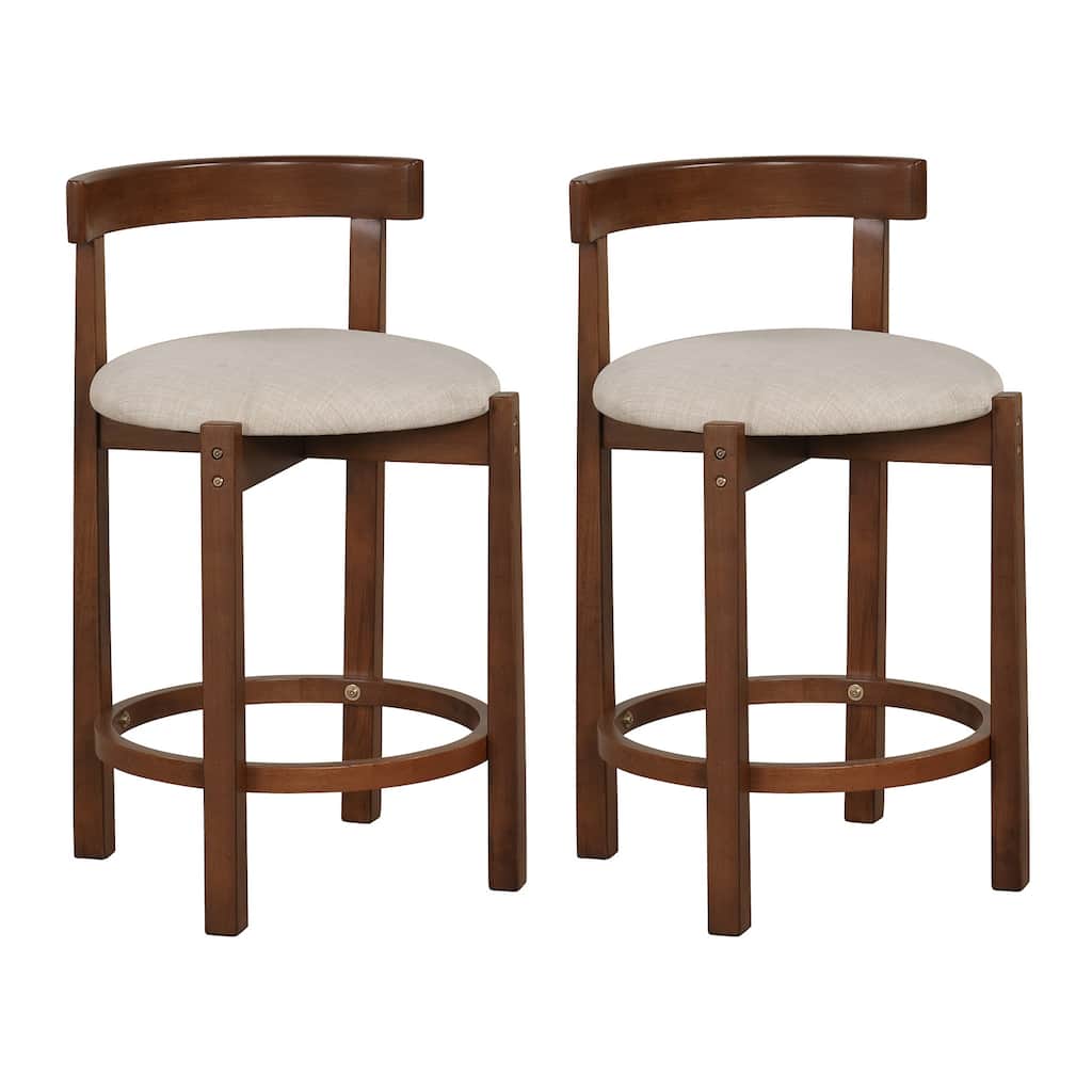 Set of 2 Mid Century Modern Counter Height Bar Stools 24 Inch Walnut and Beige Rubber Wood with Linen Upholstered Seats