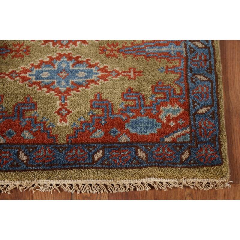 Green Geometric Viss Indian Runner Rug Hand-Knotted Wool Carpet - 2'6"x 9'7"