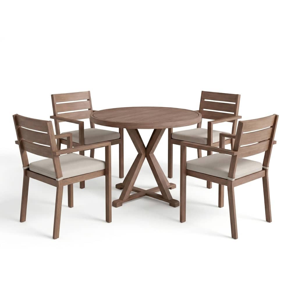 Martha Stewart All-Weather Patio Set with 36" Round Trestle Base Table and 4 Stack Armchairs - 22.25"W x 23.75"D x 34"H