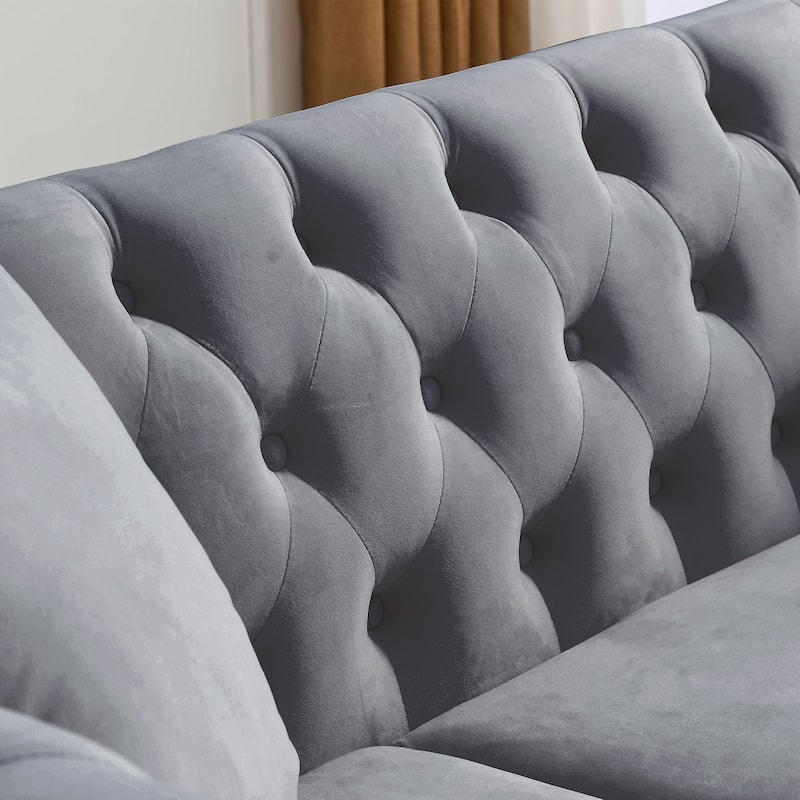 Velvet Upholstered 3 Seater Sofa, Button Tufted Sofa with 2 Pillows, Lounge Sofa with Rolled Arms & Nailhead Trim