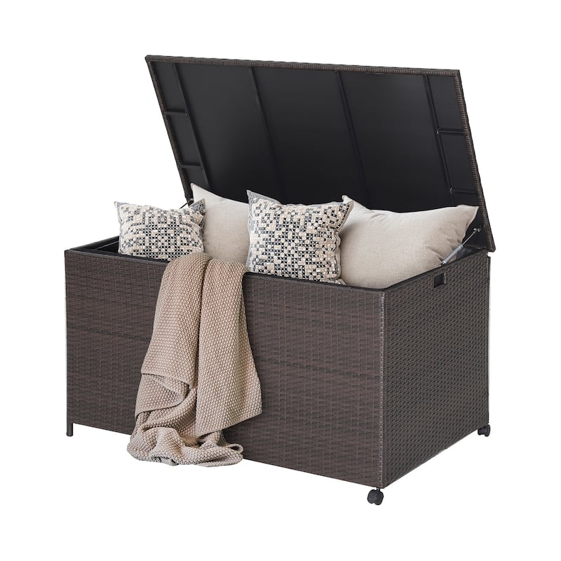 Large Mix Brown Deck Storage Box with Steel Frame and Wheels and Protective Liner