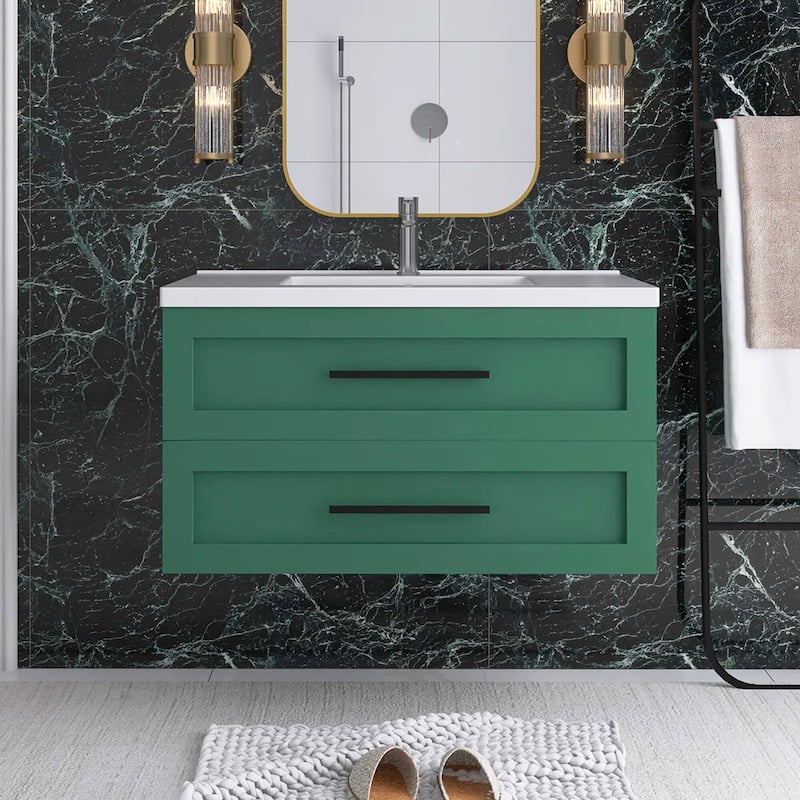 Wall-Mounted Bathroom Vanity in Green with White Ceramic Sink - 35.83'' x 18.31'' x 20.28''