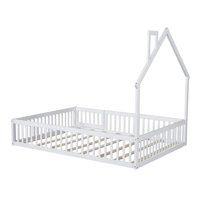 Full Solid Wood House Bed with Guardrail