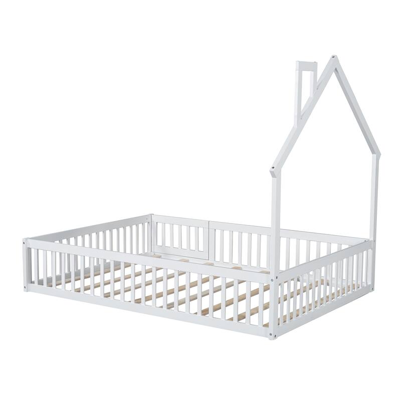 Wood House Platform Bed with Guardrail