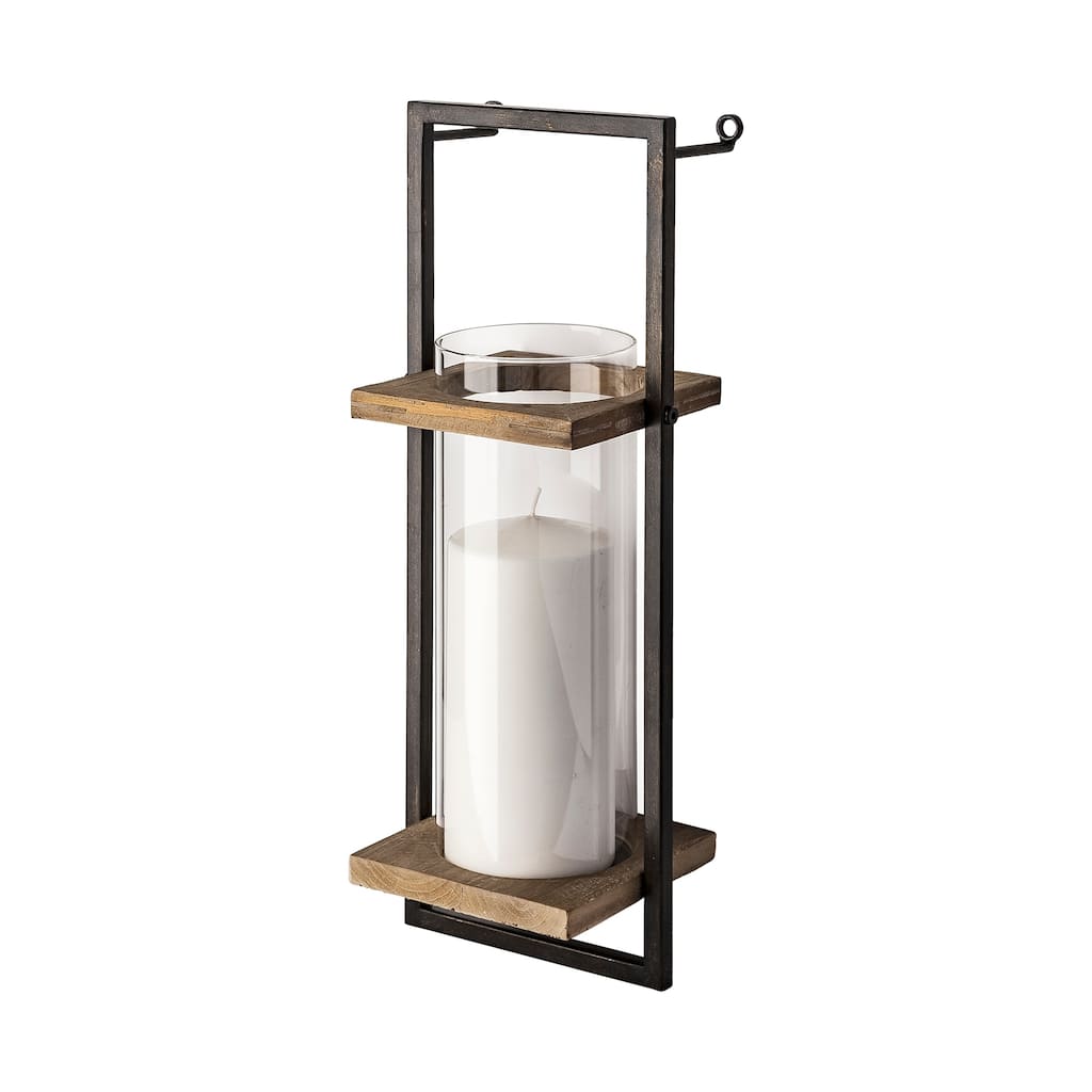 Milton Black Metal Frame And Brown Wood Wall Candle Holder - 7.1L x 6.1W x 19.7H
