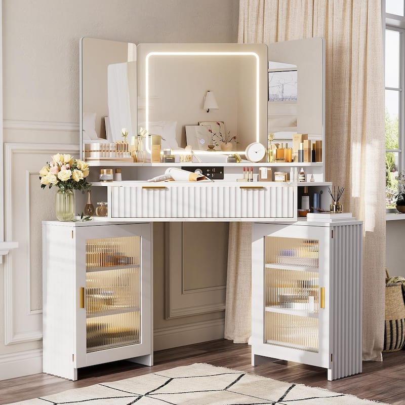 Corner Vanity Desk with 3 Way Mirror and Lights