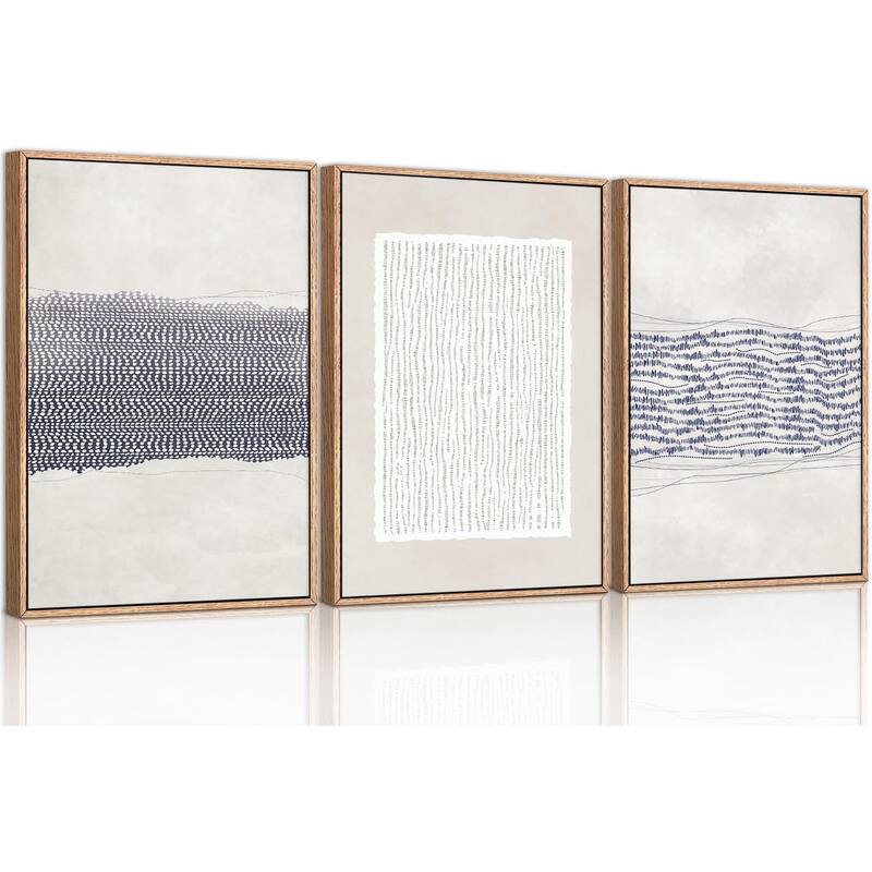 Blue White Abstract Neutral Framed Canvas Wall Art Set - 24 x 36