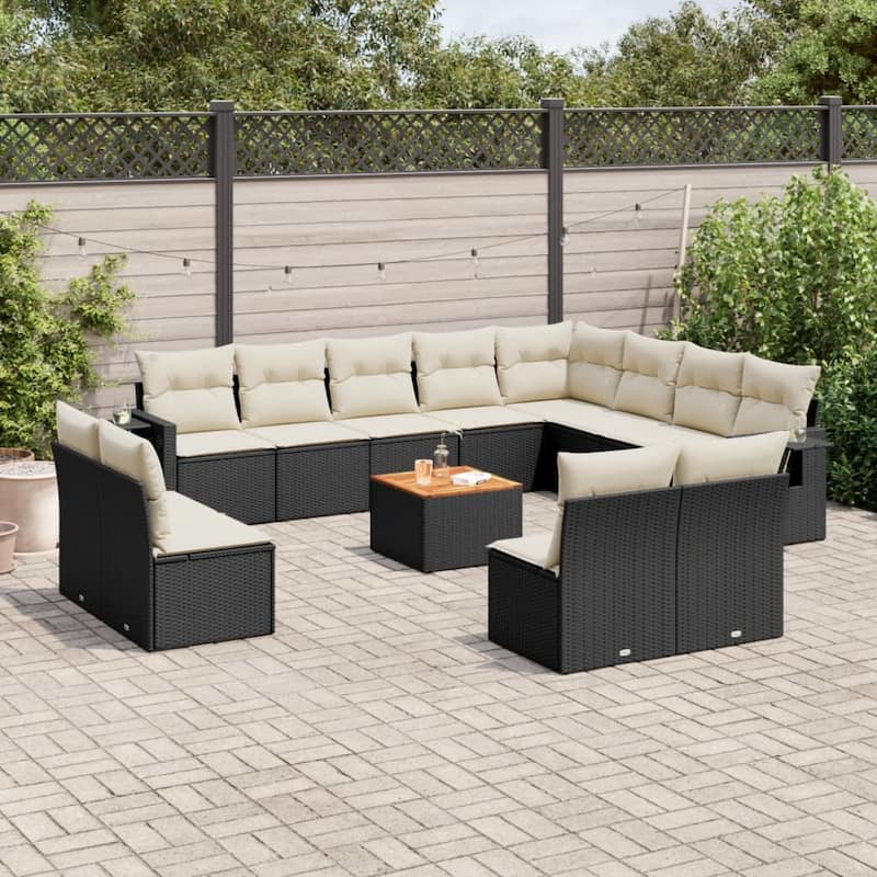 vidaXL Garden Sofa Set PE rattan Large Adjustable Feet - Black and Cream - 24.4 x 24.4 x 27.2 in (W x L x H)